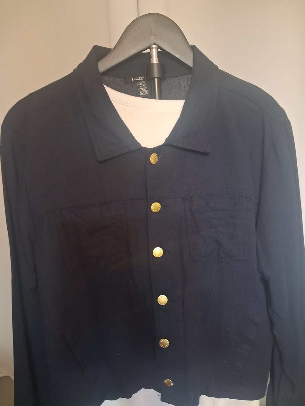 Ellen Tracy Navy Casual Button-Front Shirt Jacket with Gold Buttons